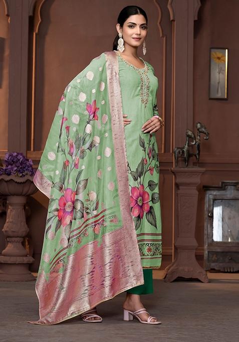 Green Woven Cotton Kurta Set