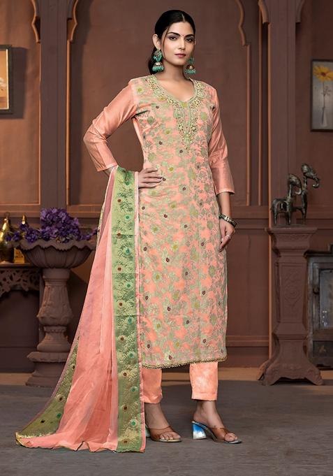 Peach Woven Cotton Kurta Set