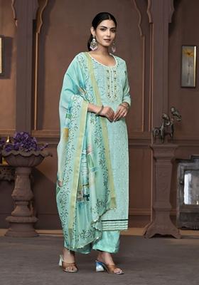 Sea Green Printed Art Silk Kurta Set