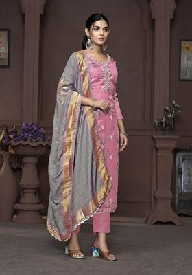 Pink Printed Organza Kurta Set