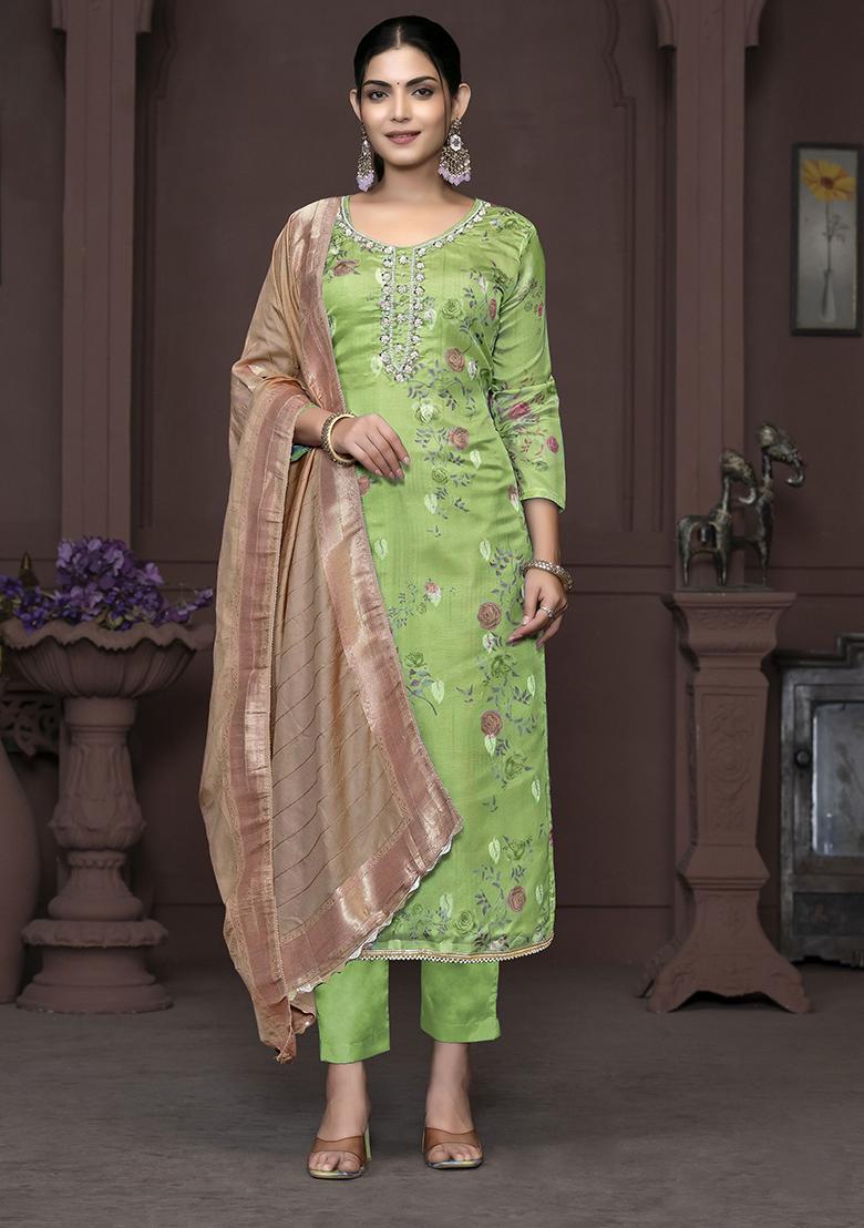 Green Printed Organza Kurta Set - Indya