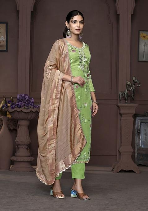 Green Printed Organza Kurta Set