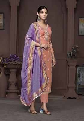 Red Printed Organza Kurta Set