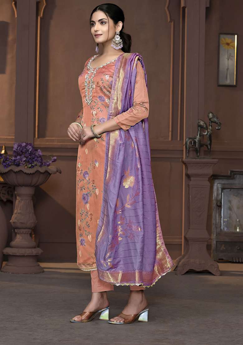 Red Printed Organza Kurta Set - Indya