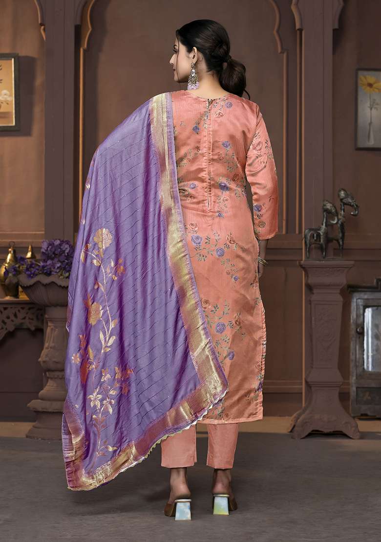 Red Printed Organza Kurta Set - Indya