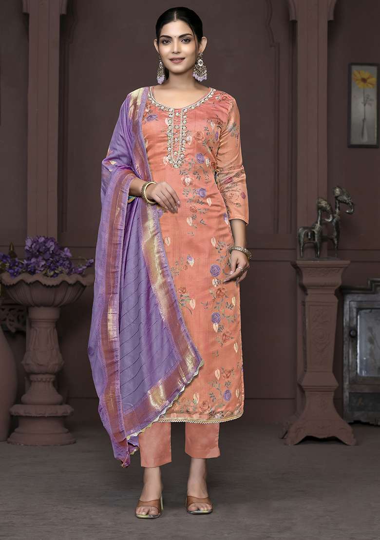 Red Printed Organza Kurta Set - Indya