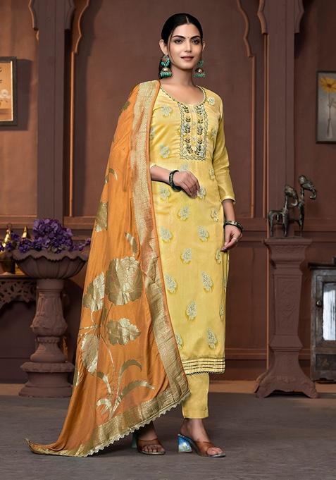 Yellow Woven Art Silk Kurta Set