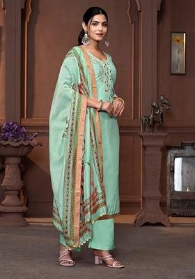 Sea Green Printed Art Silk Kurta Set