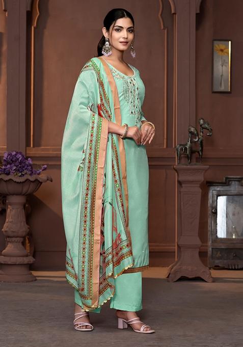 Sea Green Printed Art Silk Kurta Set