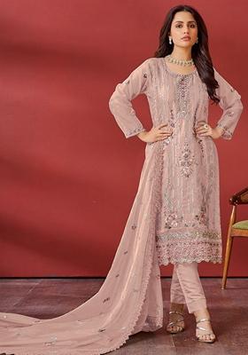 Peach Embroidered Georgette Kurta Set
