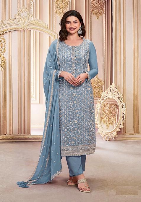 Blue Embroidered Georgette Kurta Set