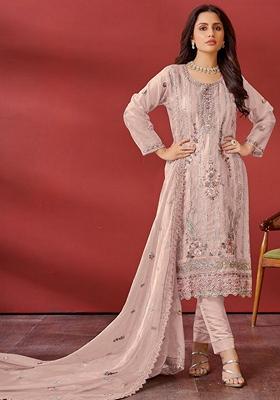 Beige Embroidered Organza Kurta Set