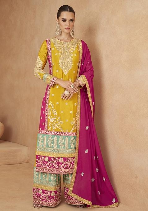 Yellow Embroidered Art Silk Kurta Set