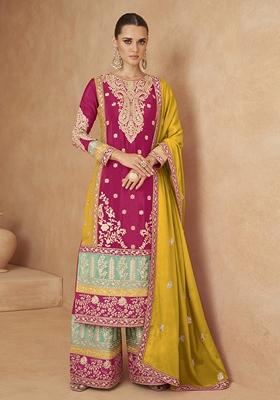 Pink Embroidered Art Silk Kurta Set