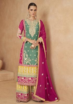 Green Embroidered Art Silk Kurta Set