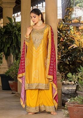 Yellow Embroidered Art Silk Kurta Set