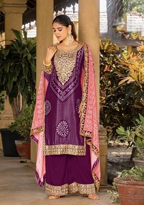 Purple Embroidered Art Silk Kurta Set