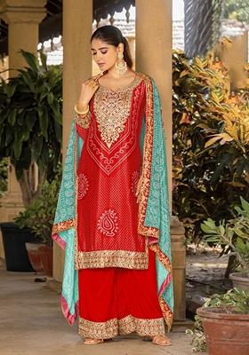 Red Embroidered Art Silk Kurta Set