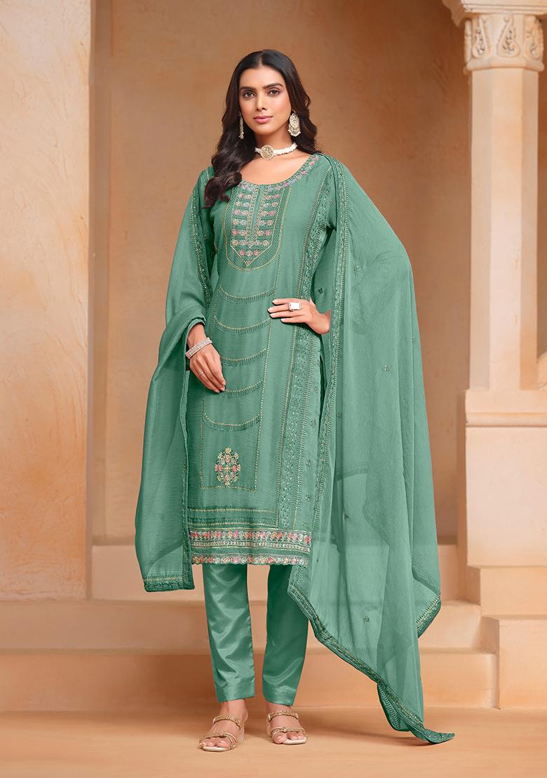 Green Embroidered Chiffon Kurta Set - Indya
