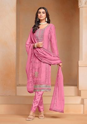 Pink Embroidered Chiffon Kurta Set