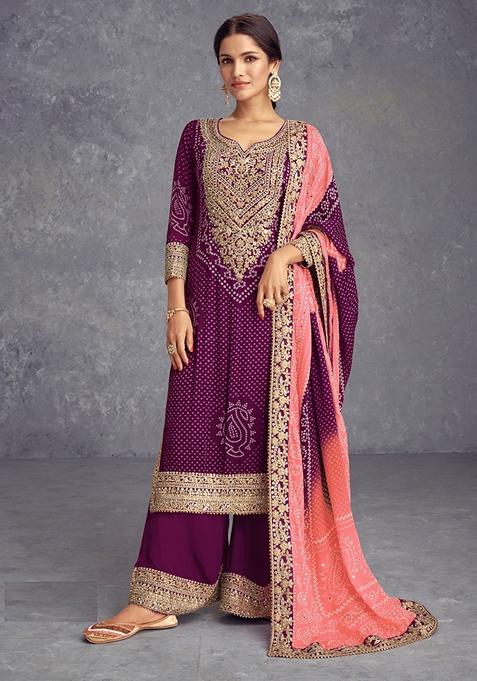 Purple Embroidered Art Silk Kurta Set