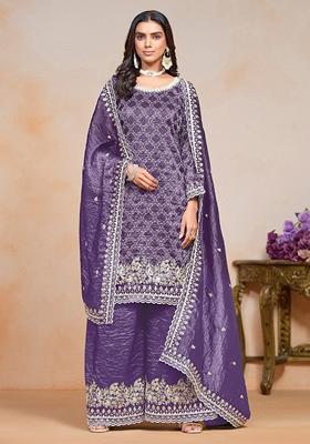 Purple Embroidered Art Silk Kurta Set