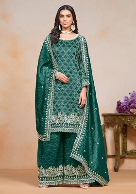 Green Embroidered Art Silk Kurta Set