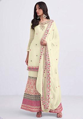 Cream Embroidered Georgette Kurta Set