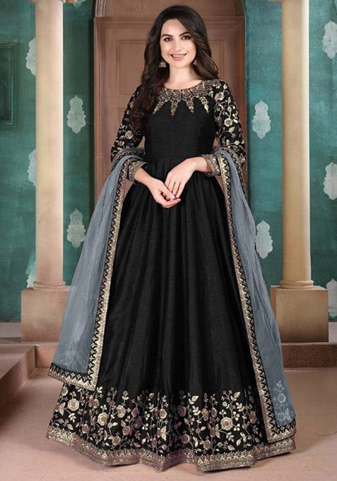 Black Embroidered Silk Kurta Set