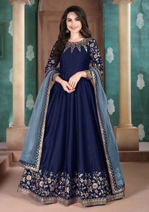 Blue Embroidered Silk Kurta Set