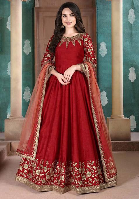 Red Embroidered Silk Kurta Set