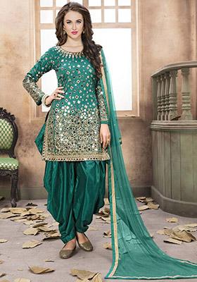 Teal Blue Mirror Silk Kurta Set