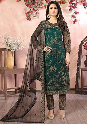 Teal Blue Embroidered Net Kurta Set
