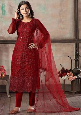 Red Embroidered Net Kurta Set