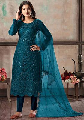 Teal Blue Embroidered Net Kurta Set