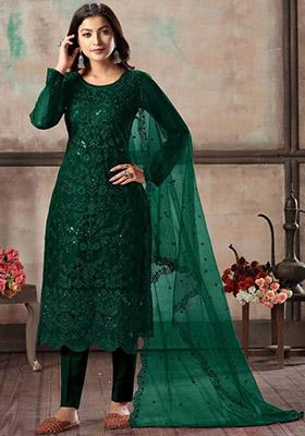 Green Embroidered Net Kurta Set