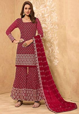 Red Embroidered Georgette Kurta Set