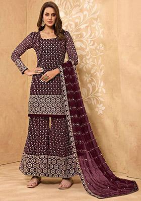 Wine Embroidered Georgette Kurta Set