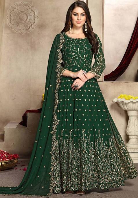 Green Embroidered Georgette Kurta Set