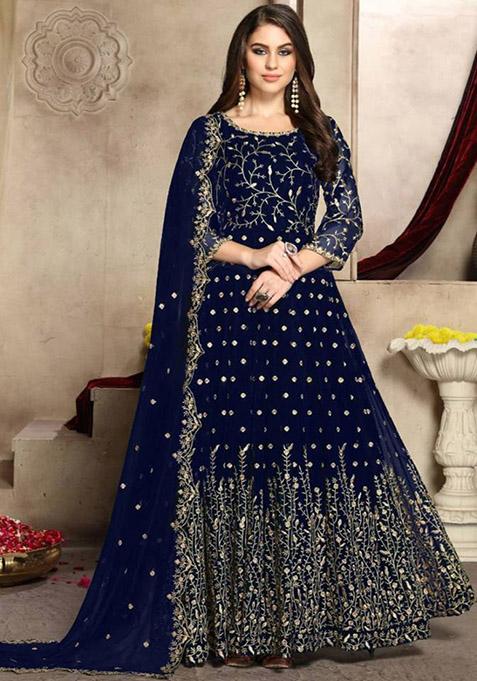 Navy Blue Embroidered Georgette Kurta Set