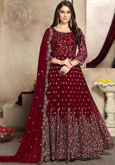 Red Embroidered Georgette Kurta Set