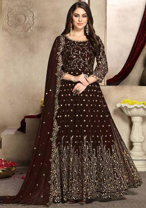 Brown Embroidered Georgette Kurta Set