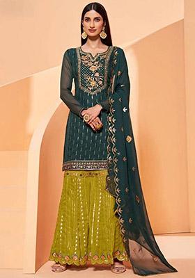 Teal Blue Embroidered Georgette Kurta Set