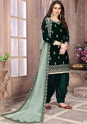 Green Embroidered Velvet Kurta Set