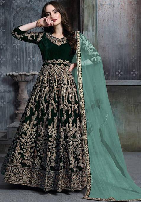 Green Embroidered Velvet Kurta Set