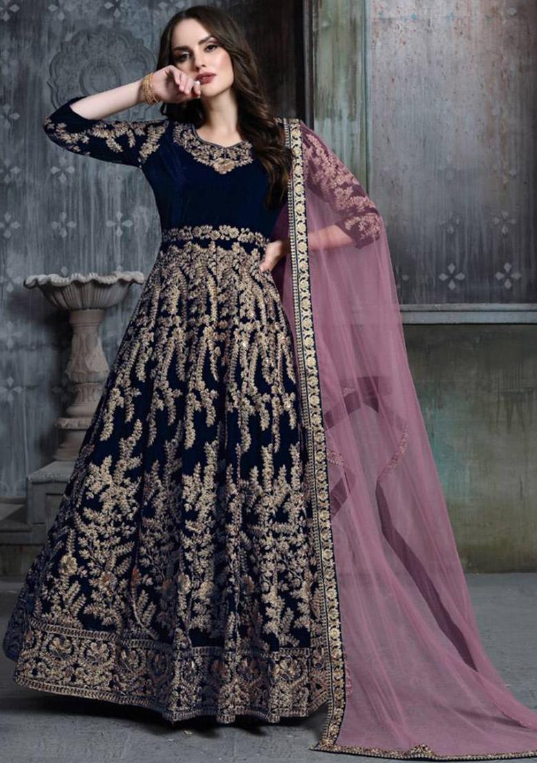 Blue Embroidered Velvet Kurta Set - Indya