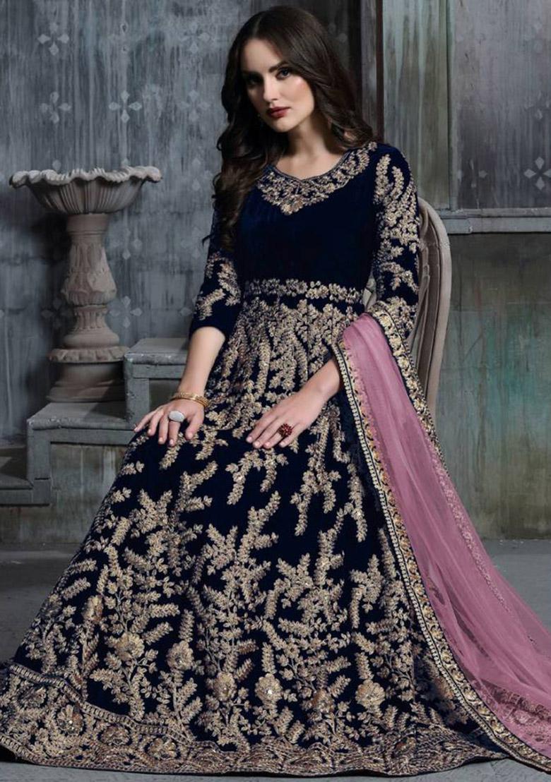 Blue Embroidered Velvet Kurta Set - Indya