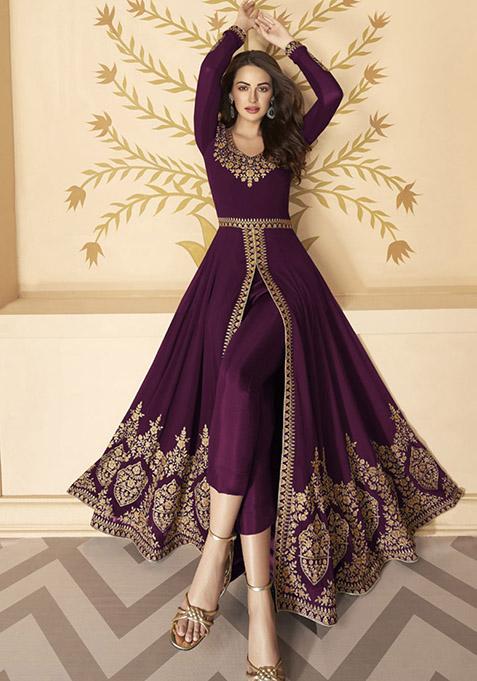 Wine Embroidered Georgette Kurta Set