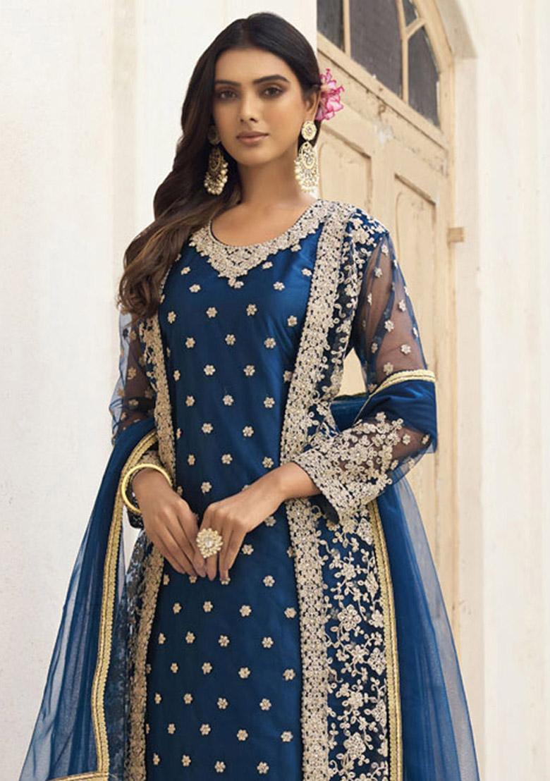 Blue Embroidered Net Kurta Set - Indya