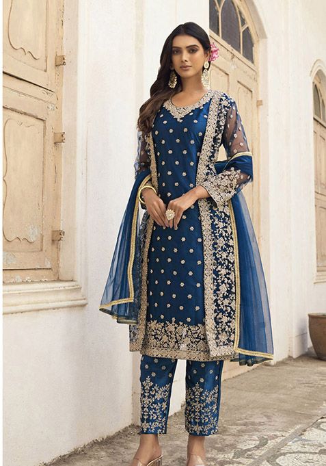 Blue Embroidered Net Kurta Set